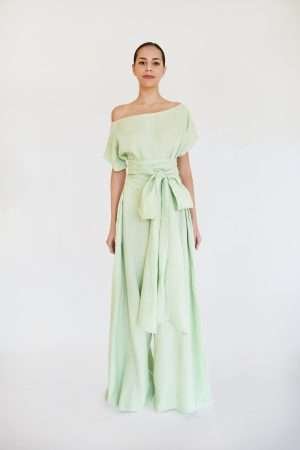 JUMPSUIT UN HOMBRO CAIDO LINO PISTACHE