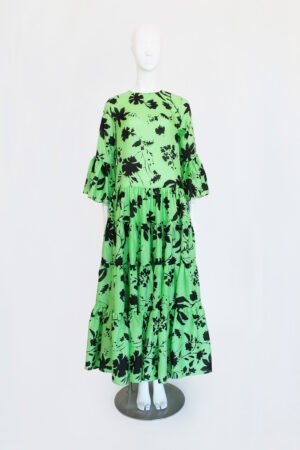 VESTIDO CUELLO REDONDO SEDA ESTAMPADA VERDE