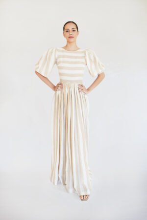 VESTIDO MANGAS BOMBACHAS LINO NATURAL RAYAS