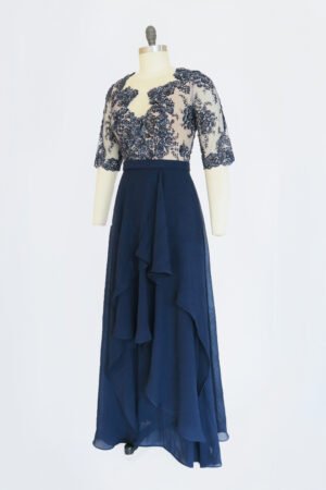 VESTIDO CUELLO V CON MANGAS BORDADO AZUL MARINO
