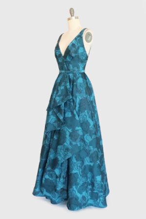 VESTIDO ESCOTE V TIRANTES PETRÓLEO BROCADO