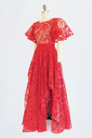 VESTIDO CUELLO OJAL TUL BORDADO ROJO
