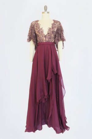 VESTIDO CUELLO V CON MANGAS BORDADO ROJO VINO