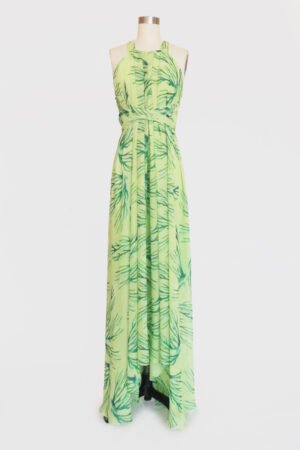 VESTIDO HALTER DRAPEADO VERDE ÁCIDO ESTAMPADO CORALES