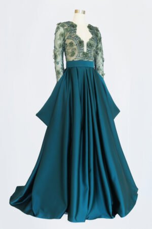 VESTIDO CUELLO V CON MANGA LARGA BORDADO ESMERALDA